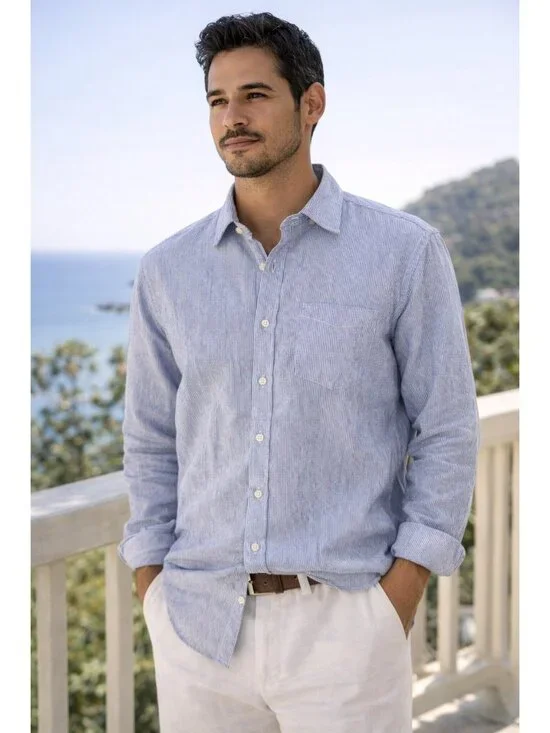 Jachs NY Blue Stripe Button Shirt Linen Blend Madison Fit Mens Large - Picture 1 of 11